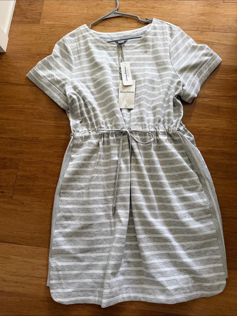 Tommy Bahama Gray and White Striped Mini Dress